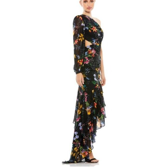 Mac Duggal 55668 Black Floral One Shoulder Cut Out Maxi Dress Formal NWT Sz 0 - Picture 2 of 10
